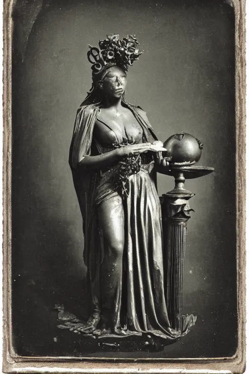 Image similar to a daguerreotype depicting an ancient martian stygian evil obsidian statue of thomasin mckenzie as the goddess persephone