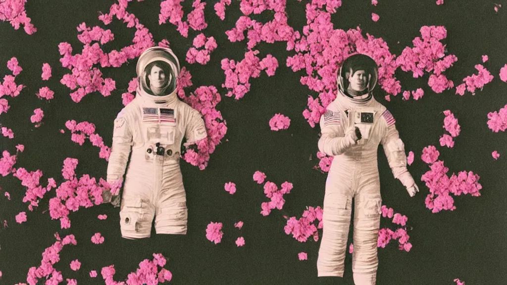 Image similar to a vintage photograph of a female astronaut standing on a bed of black and pink flowers, photorealistic, + muted colors