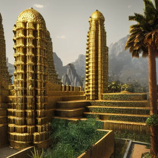 Image similar to gardens of Babylon made of gold towers, architecture, realistic, epic scale, mountains, palm trees, dramatic lighting, 8k, post processing, trending on artstation, environment highly detailed