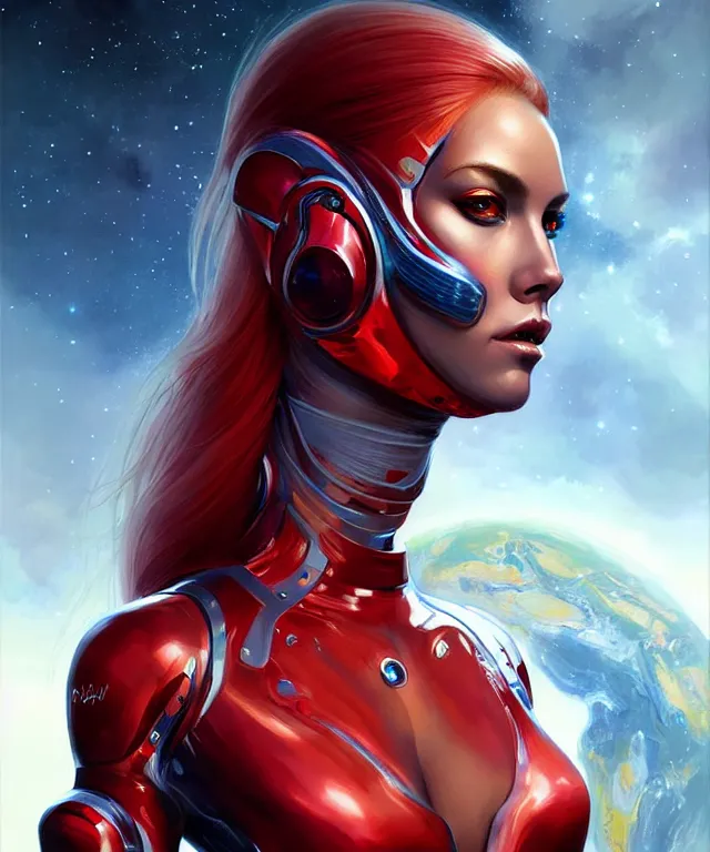 Prompt: futuristic bodycon spacesuit woman portrait, sci-fi, fierce eyes, long red hair, fantasy, intricate, elegant, highly detailed, digital painting, sharp focus, illustration, art by artgerm and greg rutkowski and WLOP