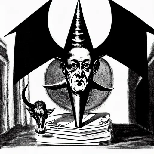 Image similar to graphic illustration, creative design, aleister crowley with baphomet, biopunk, francis bacon, highly detailed, hunter s thompson, concept art