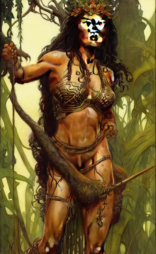 Prompt: tia carrere as jungle queen, gorgeous lighting by weta studio, mucha, bautista and norman rockwell and greg rutkowski and tom bagshaw and james gurney and lucasfilm