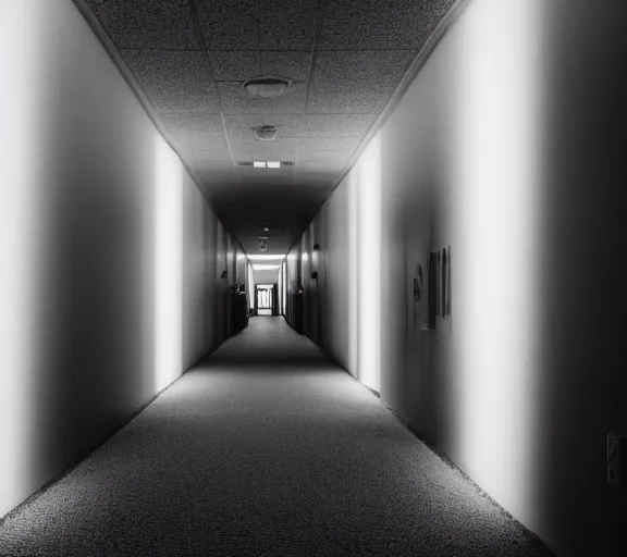 Prompt: spooky photo of an infinite hallway with open lit doorways all the way down, dramatic lighting, smoke, ceiling fluorescent lighting