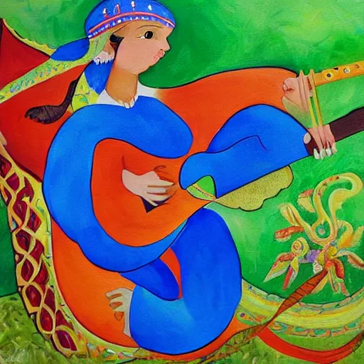 Image similar to russian dragon playing balalika guitar, childrens painting ,