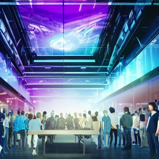 Image similar to large group people in a huge warehouse, looking at hologram of futuristic city on a table | cinematic concept art | godrays | 4 k | clear details | tabletop | tabletop | hologram foreground