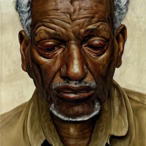 Image similar to high quality high detail painting by lucian freud, hd, portrait of an older man, worried, sad, handsome face, brown skin, short white beard, a tear falls from his right eye, photorealistic lighting