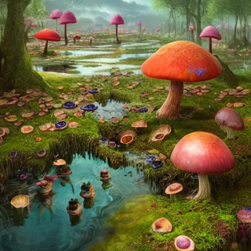 Prompt: portrait of a horrifying beautiful , colorful hyper realistic godlike fairy slaughtering pond animals , detailed mushroom village in the background , Greg rutkowski legendary matte painting, post-processing, fantasy , masterpiece , art style of junji ito , vibrant colors