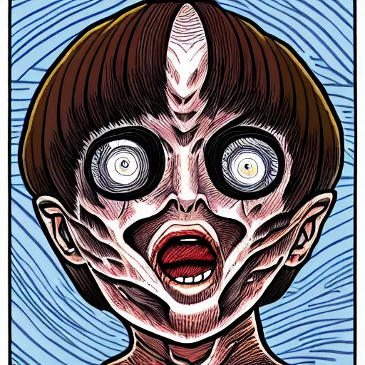 Image similar to a dark brown humanoid, hyper detailed, in the style of junji ito and and junji ito and junji ito, selfie