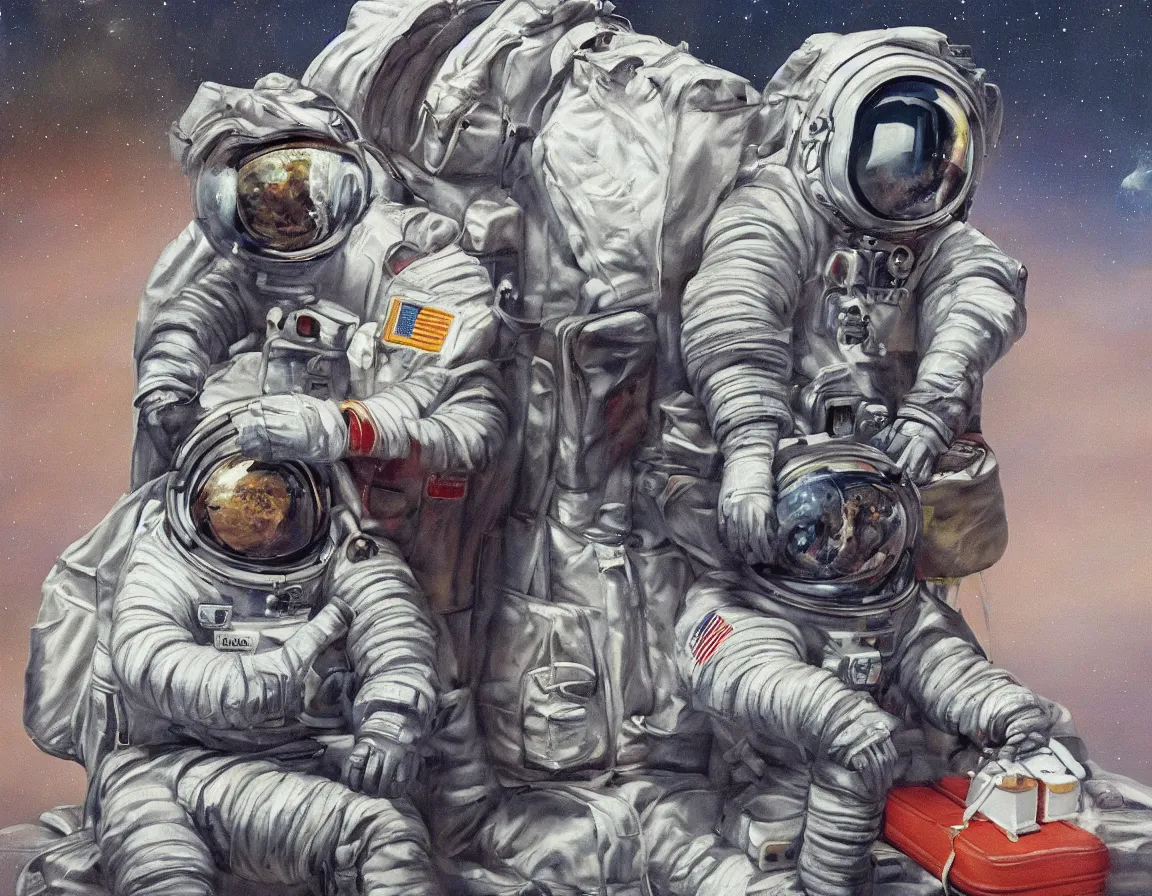 Prompt: hyper realistic oil painting of astronaut with portable luggage, sitting on a bench, waiting for the bus at the bus stop, hd, hdr, by stanisław wyspianski, ultra detailed, high resolution