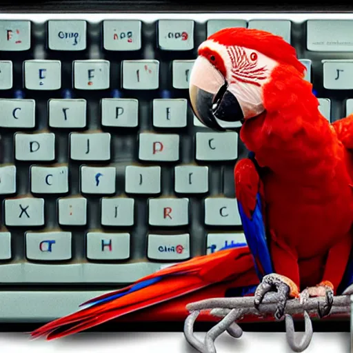 Image similar to “scarlet macaw typing on a keyboard with its beak, hd, photorealistic”