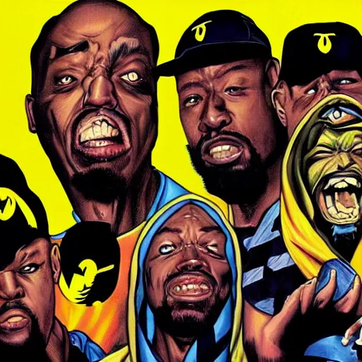 Prompt: wu tang clan album art, comicbook art masterpiece by denys cowan, realistic faces and anatomy