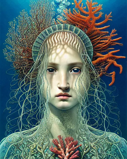 Image similar to realistic detailed underwater portrait of the beutiful young goddess of the fish of the three times with an intricate headdress of corals, sea kelp, sea plants, fish, jellyfish, art by ernst haeckel, zdzisław beksinski, gothic, neo - gothic, ornamental,