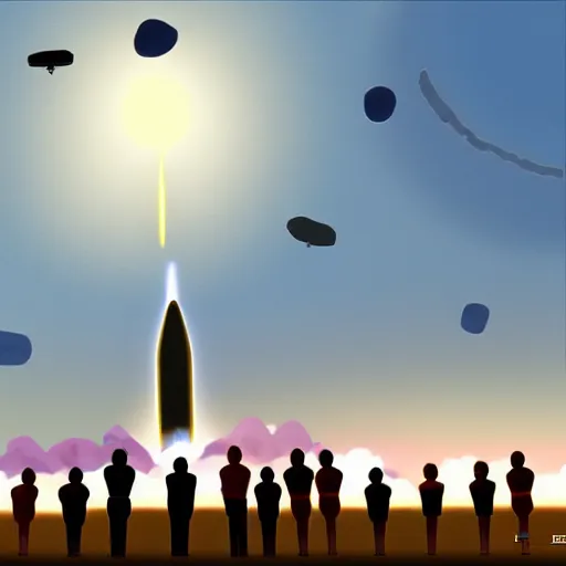 Prompt: a crowd of kerbals from kerbal space program watching a rocket launch at sunset, digital art - n 4