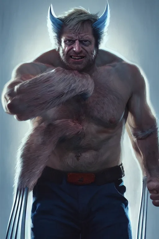 Image similar to Boris Johnson as Wolverine, portrait, X man costume, highly detailed, digital painting, artstation, concept art, smooth, sharp focus, illustration, cinematic lighting, art by artgerm and greg rutkowski and alphonse mucha