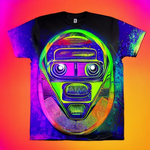 Image similar to black tshirt with a hyperdetailed portrait of a futuristic trippy cute robot head, 8 k, symetrical, flourescent colors, halluzinogenic, multicolored tshirt art,