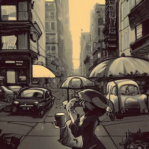Image similar to drinking coffee in the streets, in the style of james jean, film noir, dark atmosphere