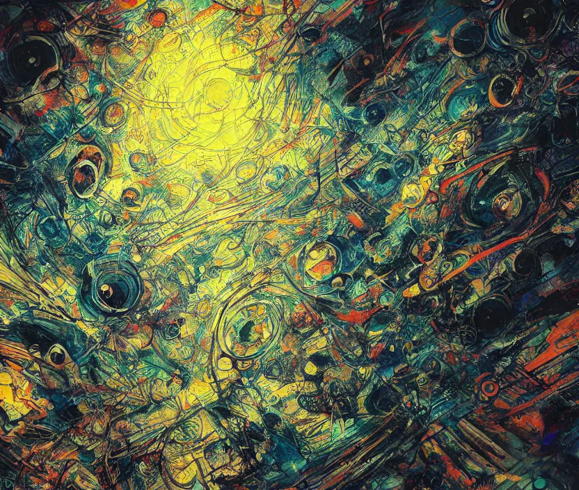 Prompt: psychedelic cybernetic technological abstract textured wallpaper, rembrandt, jackson pollock, hayao miyazaki, kentaro miura, beautiful brush strokes and colors, relaxing concept art, chill vibes, calm, smooth, gorgeous, advanced lighting technology, stylized, expressive