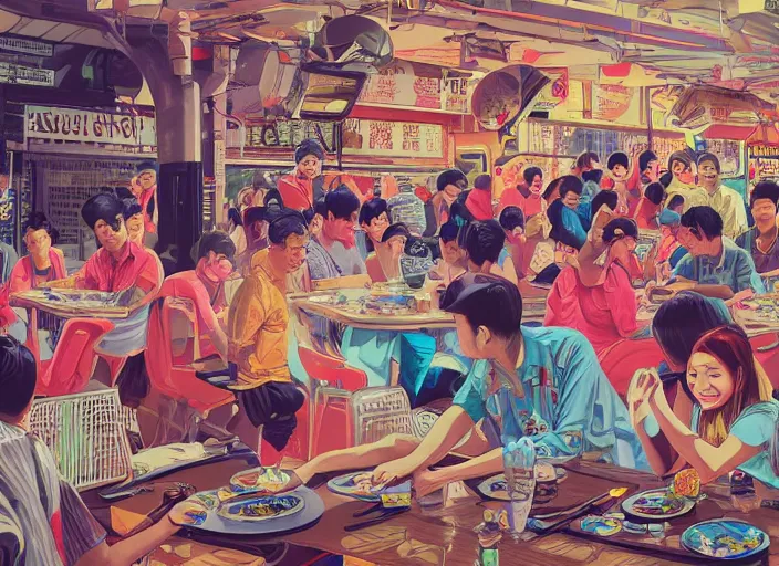 Image similar to Singapore prime ministers in a hawker centre, Tristan Eaton, victo ngai, artgerm, RHADS, ross draws