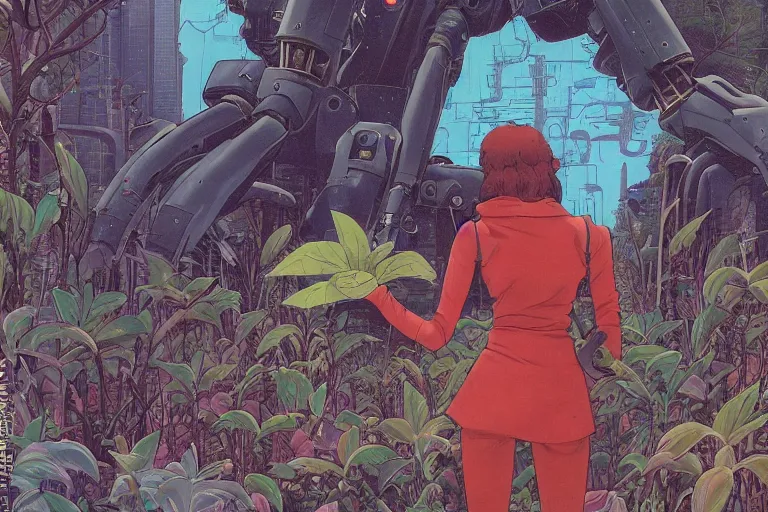 Image similar to most blues, evangelionic illustration, gigantic girl head, a lot of exotic vegetation, trees, tremendous mecha robot, flowers, oldschool vintage sci - fi flat surreal design, super - detailed, oil painting by moebius and satoshi kon, hd, 4 k, high quality
