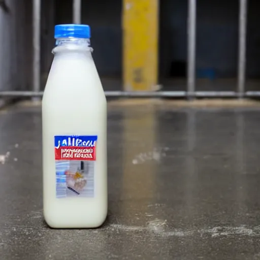 Prompt: bottle of milk in the floor inside a jailcell behind bars