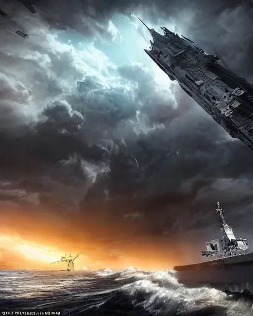 Image similar to scifi action scene of a fishing boat on stormy seas, a terrifying gigantic star destroyer spaceship flying overhead, the gigantic star destroyer spaceship is emerging from storm clouds, sunset lighting, stormy weather, dramatic lighting, unreal engine, hyper realism, realistic shading, cinematic composition, realistic render, octane render, detailed textures, photorealistic, ultrawide shot, 1 6 mm lens