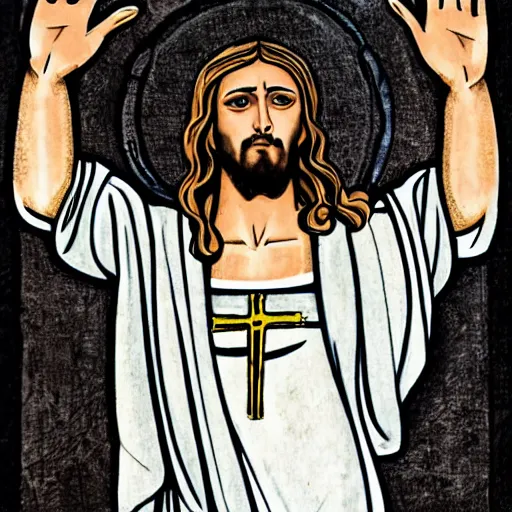 Image similar to jesus as a gangsta, making a v with his hand