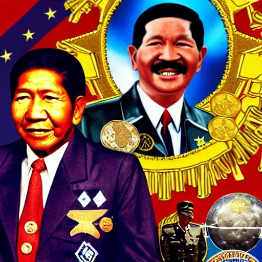 Prompt: realistic photo of ferdinand marcos with a dictator's suit with a lots of badges, gold bars and money together with hitler laughing to philippine islands in outer space, aliens and spaceships in the background, new school tattoo, 4 k