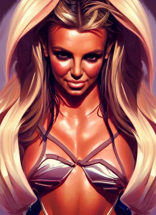 Image similar to britney spears, kim kardashian, carmen electra, jessica canseco, muscular, intricate, highly detailed,!, digital painting, artstation, concept art, smooth, sharp focus, illustration, art by artgerm and greg rutkowski and alphonse mucha