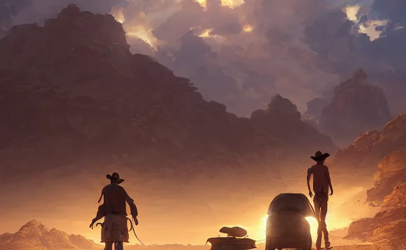 Image similar to a scene of a camper in the desert, a cowboy in the foreground looking epic, full shot, atmospheric lighting, detailed faces, by makoto shinkai, stanley artgerm lau, wlop, rossdraws