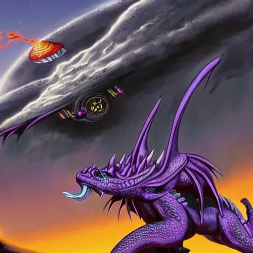 Prompt: a purple dragon fighting a retrofuturistic spaceship with a volcano in the background, concept art by ken steacy