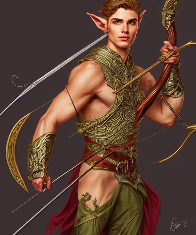 Image similar to a strong powerful fantasy elf man with a bow and arrow, portrait, fantasy, intricate, elegant, highly detailed, digital painting, artstation, concept art, smooth, sharp focus, illustration, art by artgerm and larry elmore and alphonse mucha