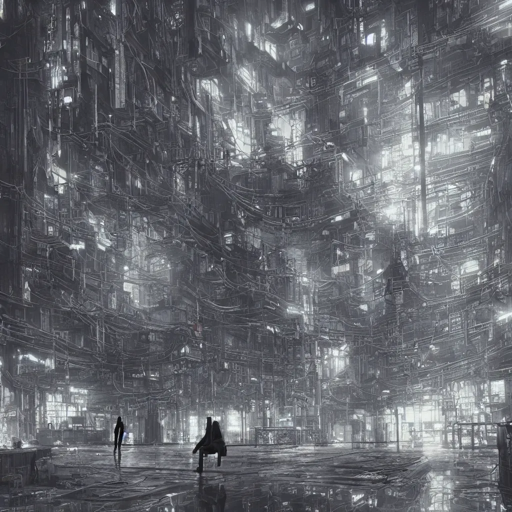 Image similar to lonely stranger inside a hall of monumental cyberpunk industrial factory megacomplex; by tsutomi nihei; hyperrealistic, 4K wallpaper, highly detailed