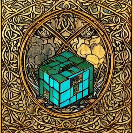 Image similar to beautiful painting of companion - cube!!!!!!!!!!!!!!!!! companion - cube!!!!!!!!!!!!!!!!!, art nouveau. by william morris, andreas rochas, mucha, gaudy colors. intricate linework. sharp edges.