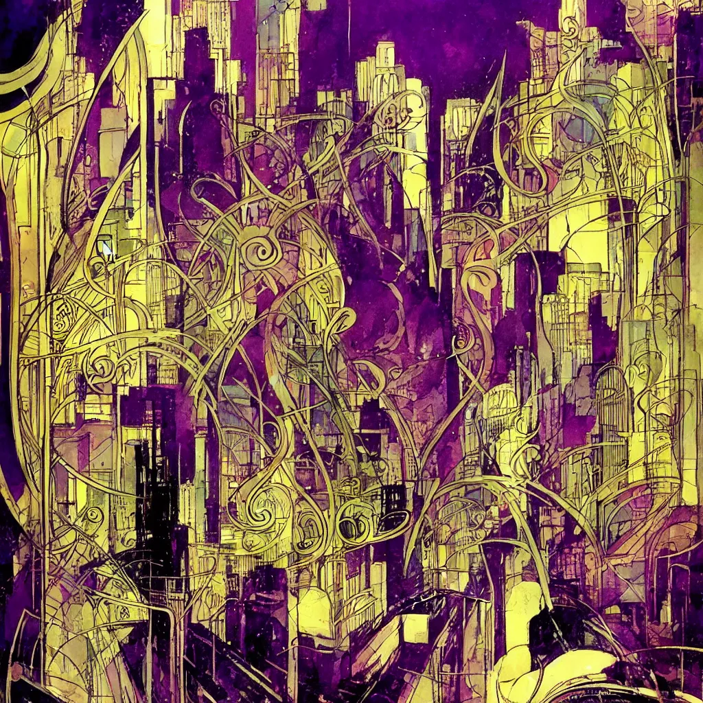 Image similar to bill sienkiewicz art nouveau city