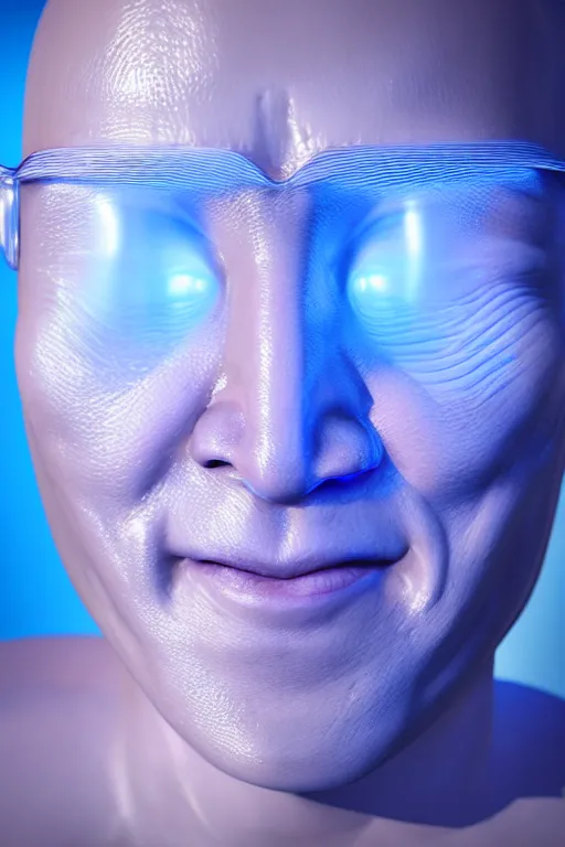 Image similar to hyperrealistic close-up translucent exoskeleton!! smiling chinese man covered highly detailed concept art eric zener elson peter cinematic side soft blue light high angle hd 8k sharp shallow depth of field