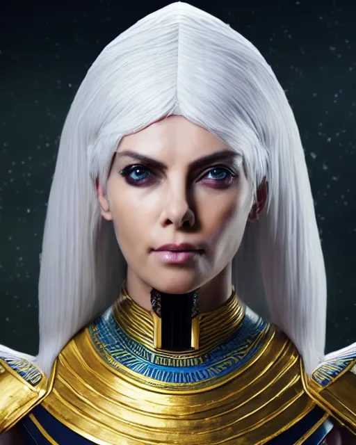 Image similar to perfect white haired attractive egyptian goddess with green eyes, warframe armor, pharaoh headdress, beautiful, symmetric, dreamy, half asian, pretty face, charlize theron, detailed, scifi platform, laboratory, experiment, 4 k, ultra realistic, epic lighting, android body, illuminated, cinematic, masterpiece, art by akihito tsukushi, voidstar