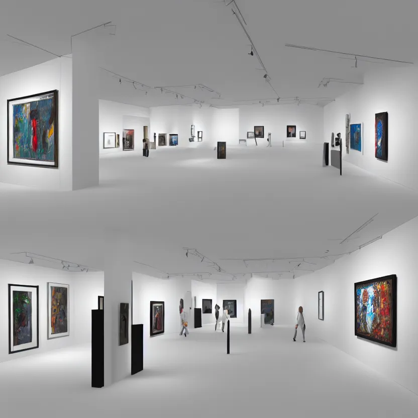 Image similar to 3 d model of an hyper modern art gallery with white walls, hyper detailed, soft light, 4 k