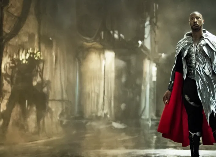 Image similar to film still of michael b jordan as spawn in the new spawn movie, giant chains, large cape, 8 k
