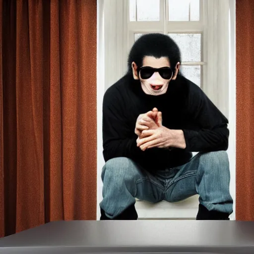 Image similar to michael jackson 2 0 0 9 wearing shades, this is it style, photo real, pores, motion blur, sitting with bubbles the chimp window open, real life, spotted, ultra realistic face, accurate, 4 k, movie still, uhd, sharp, detailed, cinematic, render, modern