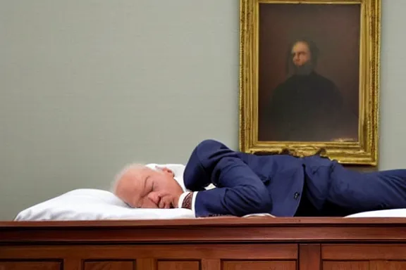 Image similar to a far away shot of Joe Biden sleeping on a bed in a court room