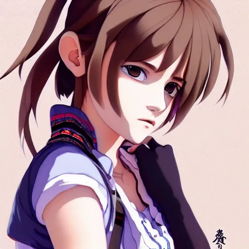 Image similar to a beautiful! boyish! emma watson alluring gravure! model, wearing japanese hiphop school girl outfit with mayan pattern and native style, aztec street fashion, botw style, gapmoe yandere grimdark, trending on pixiv fanbox, painted by greg rutkowski makoto shinkai takashi takeuchi studio ghibli, akihiko yoshida