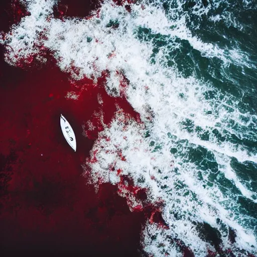 Image similar to a lonely boat floating in the turbulent red ocean, tsunami, fierce huge waves, dangerous depressing atmosphere, dark tone, illustration, aerial view, evil