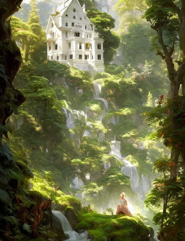 Image similar to beautiful white castle in a mountain forest valley, beautiful landscape, lush foliage, painted by karl kopinsky, john singer sargent, tom bagshaw, norman rockwell, alfonso muha, lolish, trending on artstation