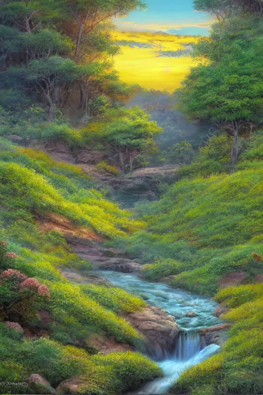 Prompt: matte painting of sunrise at the end of a verdant flower valley. A rocky stream runs along the valley floor. Beautiful swirling sunrise colours. Cyril Roland naomi okubo.