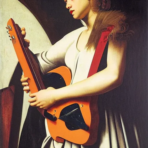 Prompt: Anna Calvi playing electric guitar by Caravaggio and James Jean