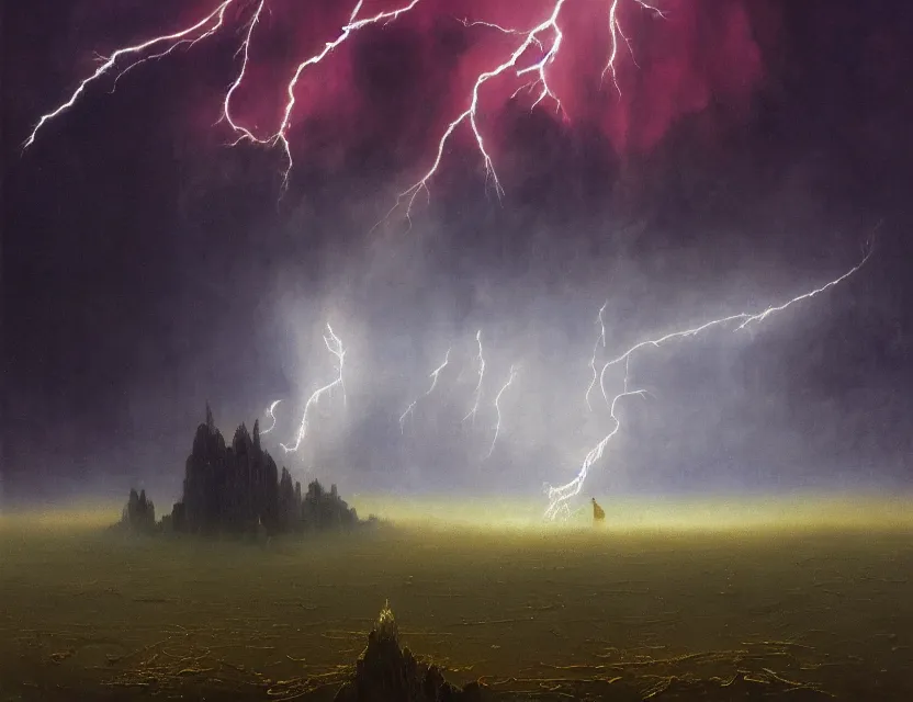 Image similar to a space laces kind of poster of a giant lightning across all of the frame. cinematic sci - fi scene and science fiction theme with lightning, aurora lighting. clouds and stars. smoke. futurism. fantasy. by beksinski carl spitzweg and tuomas korpi. baroque elements. oil painting. dramatic. artstation. 8 k