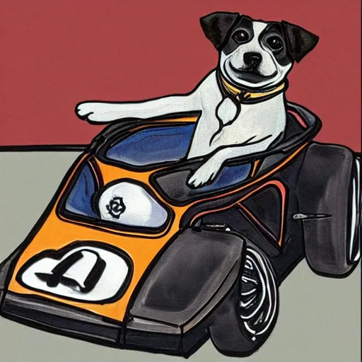 Image similar to a dog riding a race car in the style of P.D. Eastman