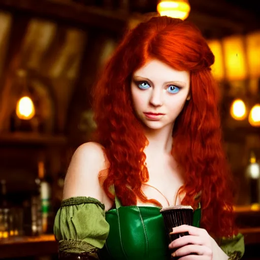 Image similar to beautiful bar maid with auburn hair and green eyes, in a medieval tavern at night, dramatic, cinematic, filmic