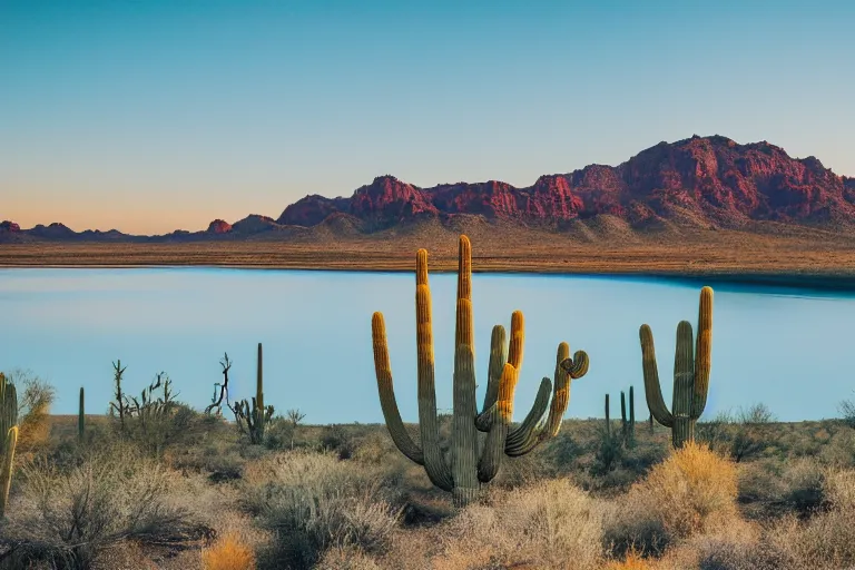 Image similar to beautiful landscape photography of an Arizona desert, lake, 1 cactus, nighttime