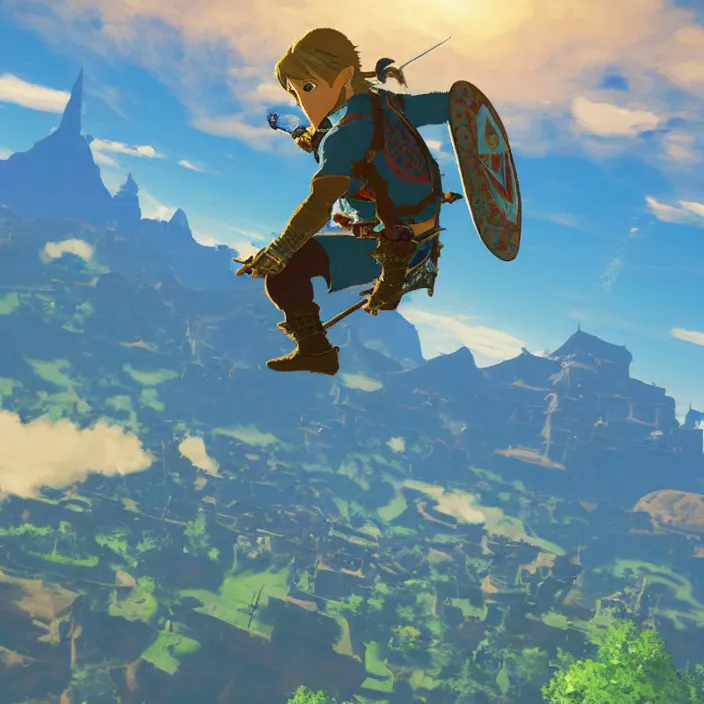 Prompt: Tony Hawk in The Legend of Zelda Breath of the Wild, detailed screenshot